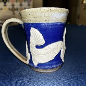 Handmade Pottery Mug Cup Fish Coral Blue White Textured Signed By Artist